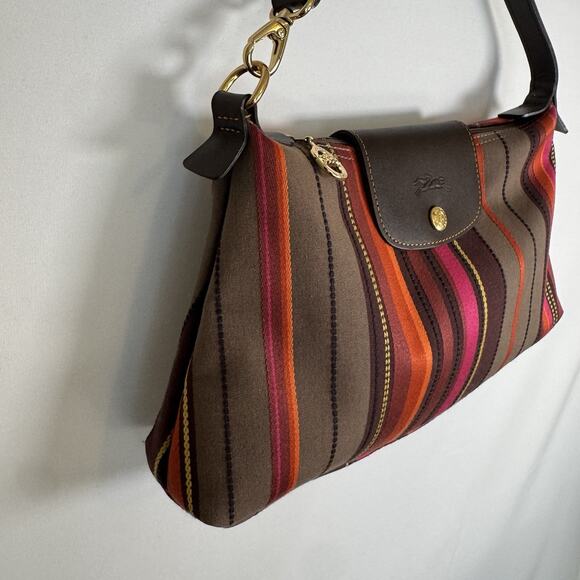 Longchamp Women’s Shoulder Bag Canvas Brown Gold Striped Tote Purse France Rare - Picture 8 of 12